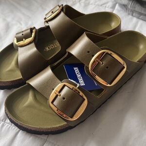 Birkenstock olive green Arizona Sandals with Gold Big Buckles